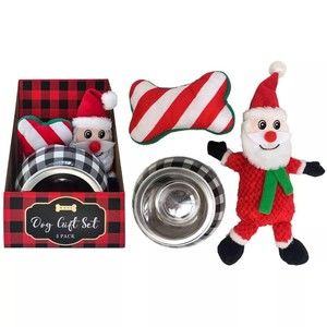 Dog Gift Set feeding bowl Plushies christmas design Santa